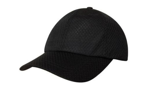 A black sports cap with a textured mesh design, featuring a curved peak and a structured crown, includes a logo.