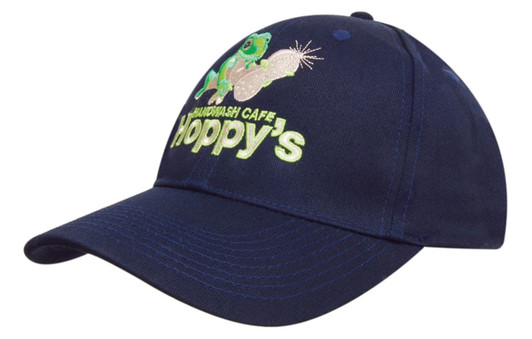 A navy blue cap featuring an embroidered design and a logo on the front.