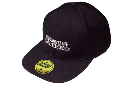 A black snapback cap with a logo on the front and a branded sticker on the peak.