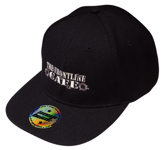 A black snapback cap featuring a logo on the front and a circular sticker on the brim.