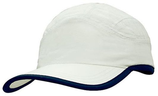A white microfibre sports cap with a navy trim on the edge of the crown and peak, featuring a logo.