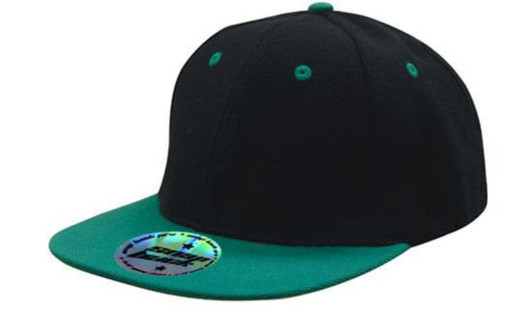 A two-tone cap featuring a black body and a green brim, with a branded logo on the front.