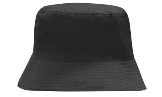 A black breathable poly twill bucket hat with a wide brim and a seamless design. It features a logo.