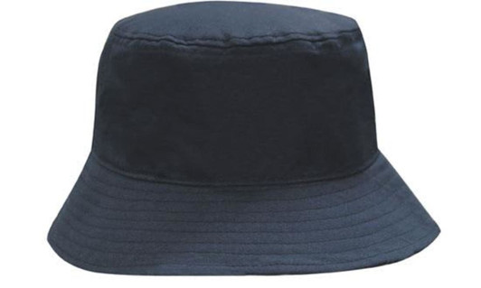 A breathable poly twill bucket hat in navy blue, featuring a simple design and a logo on the side.