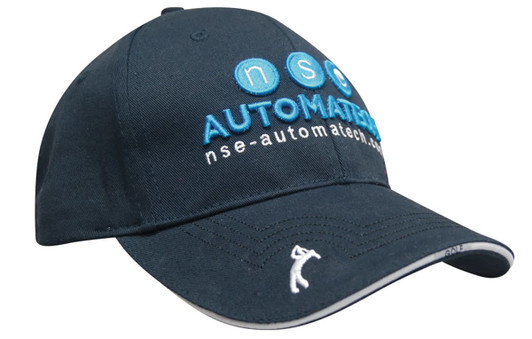 A navy blue cap with peak embroidery and a logo on the front. Features a white stitching detail.