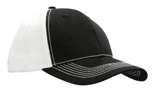 A black cap with a white mesh back and contrasting stitching, featuring a branded logo.