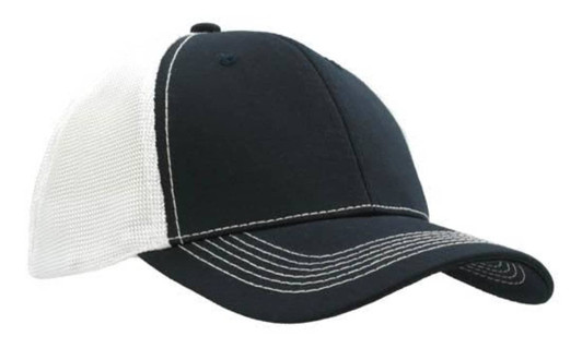 A navy blue cap with a high-tech white mesh back and contrasting stitching details. It features a logo or branding.