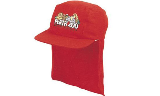 A red child's cotton legionnaire's cap with a logo on the front and a back flap for sun protection.