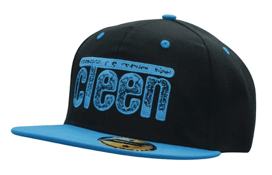 A black and blue snapback cap featuring a logo on the front. The bill is a vibrant blue.