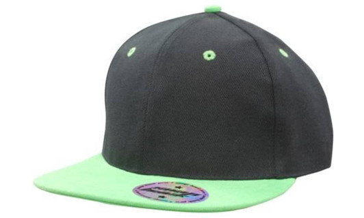 A snapback cap featuring a dark grey body and a bright green peak, with a logo on the front.