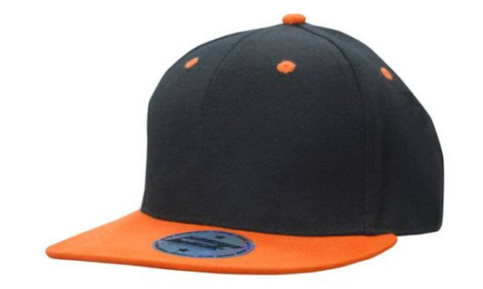 A black and orange snapback cap featuring a flat brim and a prominent logo on the front.