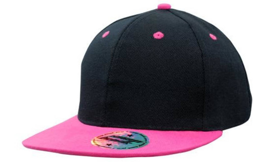 A black cap with a vibrant pink brim and a circular logo on the front. Features snapback styling for youth size.