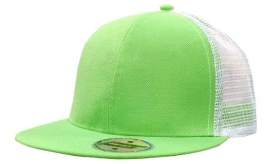 A bright green cap with a mesh back and snapback style, featuring a flat brim and a branded logo.