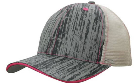 A grey and pink cap with a textured pattern and a mesh back, featuring a curved brim and a logo.