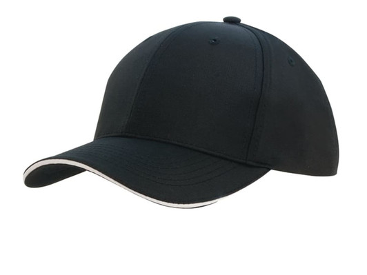A black sports cap featuring a sandwich trim and a logo on the front.