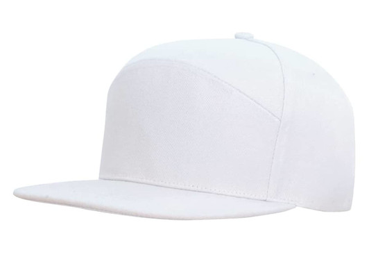 A white Premium American Twill A Frame Cap with a flat brim and a logo on the side.