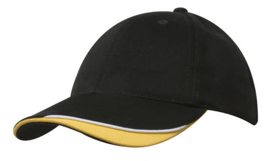 A black cap with an indented peak and yellow details, featuring a logo on the front.