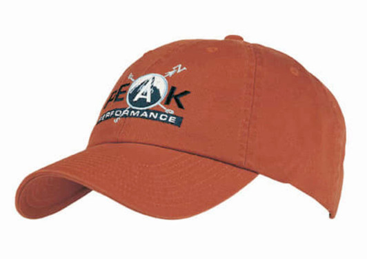 A rust-coloured cap with an embroidered logo on the front and a curved brim.