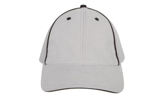 A light grey cap with a structured design and black accents, featuring a logo on the front.