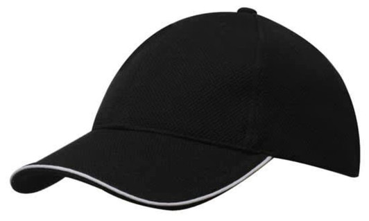 A black cap with a rounded crown and a contrasting white trim along the brim. It features a logo on the front.