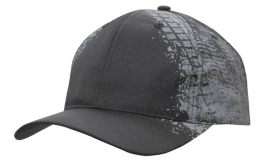 A black cap featuring a grey tire print design and a structured brim. It has a logo on the front.