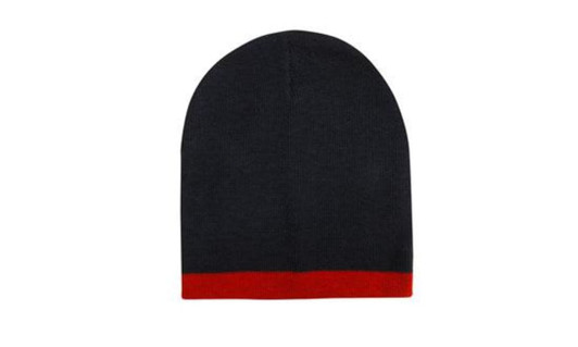 A black acrylic beanie with a red band at the bottom. The beanie has a logo on it.