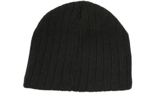 A black cable knit beanie with a textured design, featuring a simple branding logo.