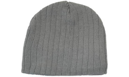 A grey cable knit beanie with a textured ribbed pattern and no visible branding.
