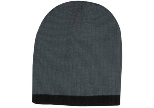 A two-tone cable knit beanie in shades of grey with a contrasting black band at the bottom.