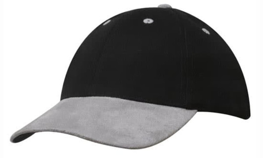 A black cap with a grey suede peak and contrasting stitching, featuring a logo on the front.