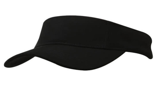 A black brushed heavy cotton visor with a curved brim and elastic band, featuring a logo.