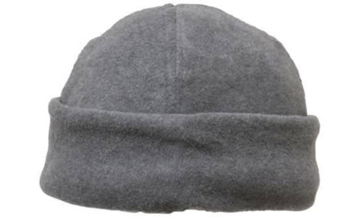 A micro fleece beanie in grey with a turned-up cuff, featuring a logo.