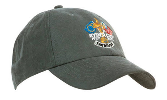 A dark green cap featuring an embroidered design and a logo on the front.