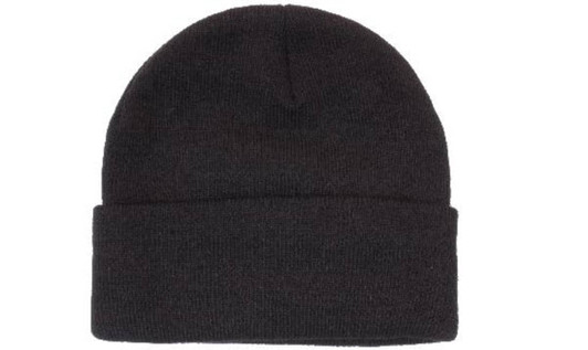 Acrylic beanie in solid black, featuring a simple, folded design and a logo on the side.