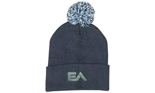 Acrylic beanie in navy blue with a pom pom on top and a logo on the front.