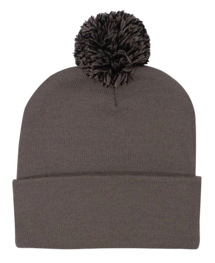 Acrylic beanie in a dark grey colour featuring a pom pom on top. It includes a folded cuff for added style.