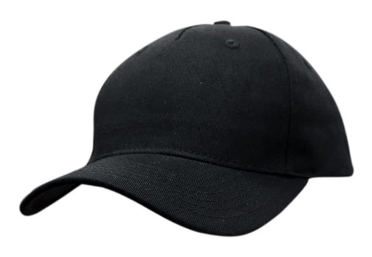 A black cotton twill cap with a curved peak and an adjustable strap at the back. It features a logo.