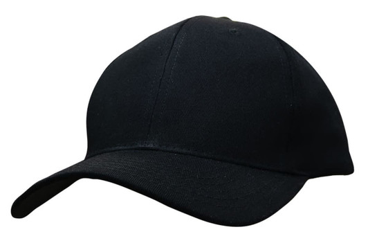 A black cotton twill cap with a buckle at the back and a structured peak. It features a logo on the front.