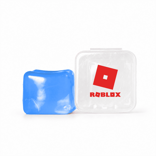 A blue jelly cube sensory toy inside a clear container with a red logo on the lid.