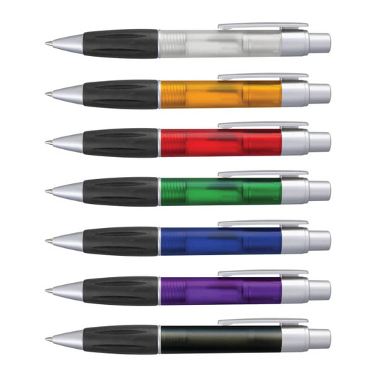 A set of plastic pens in various colours including clear, orange, red, green, blue, and purple, each with a silver trim and logo.