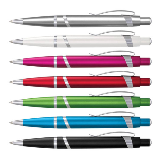 A collection of Athena pens in silver, white, pink, red, green, blue, and black, each with a sleek design and a logo.
