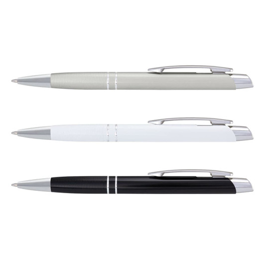 Three metallic pens in grey, white, and black, each with silver accents and a logo on the barrel.
