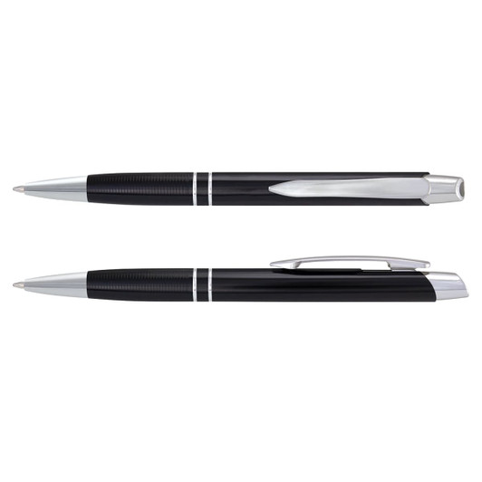 A black metal pen with chrome accents, featuring a sleek design and a clip on the side. It has a brand logo.