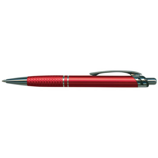 A metal pen in vibrant red with a textured grip and silver accents, featuring a clip and branding.