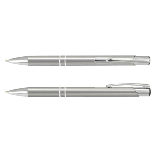 A metal pen in silver with a glossy finish, featuring a clip and decorative bands. Includes branding on the surface.