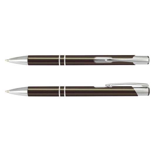 A metal pen in black and silver, featuring a sleek design and metallic accents. It has a logo on the barrel.