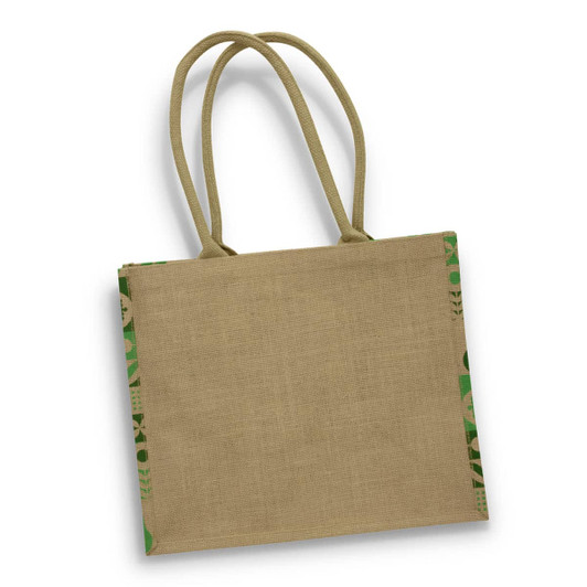 A jute tote bag in a natural beige colour with green accents and two handles. It features a logo on one side.