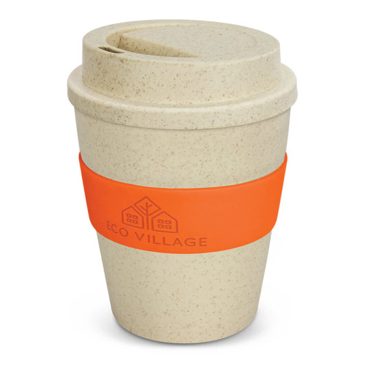 A reusable coffee cup in a natural beige colour with an orange silicone sleeve and a lid, featuring a logo.