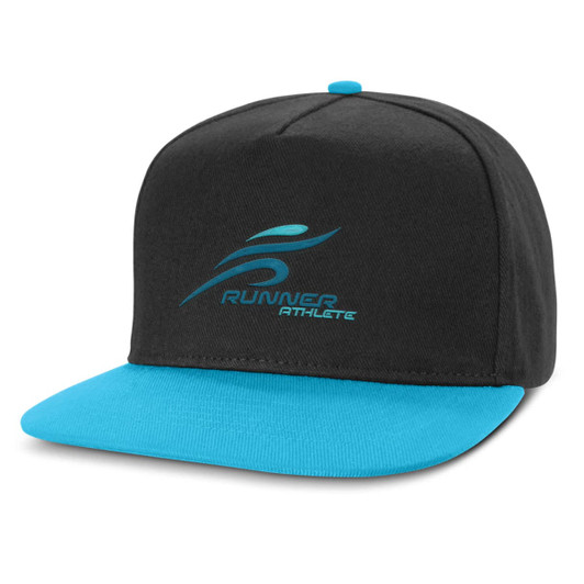 A flat peak cap featuring a black crown and a turquoise brim, with an embroidered logo on the front.