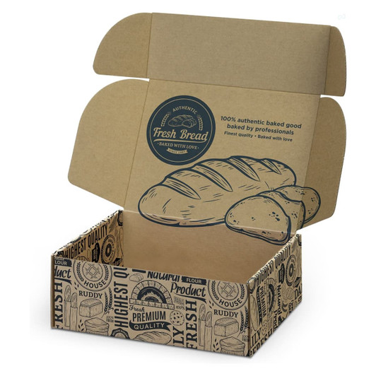 A brown die cut box with a locking lid featuring bread illustrations and a logo, showcasing a rustic design.